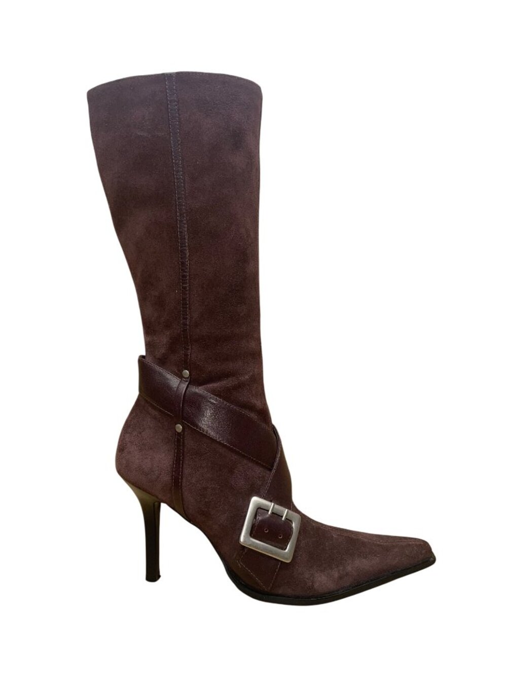 Guess Women’s Burgundy Suede Buckle Strap Stiletto Knee-High Goldie Boots Sz 6M